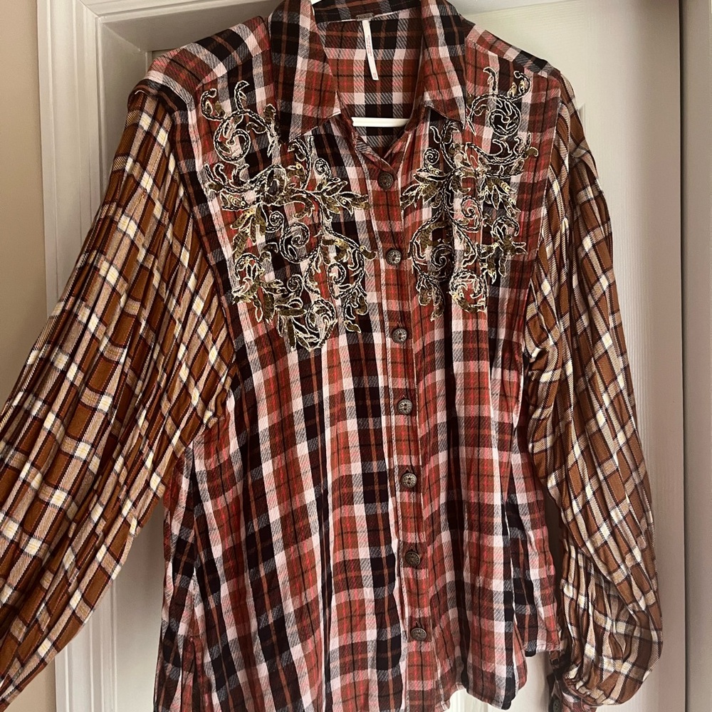 Free People Plaid Button Down Shirt - Red and Brown Embroidered Size XSmall